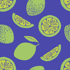 Green limes on Blue background seamless vector pattern 