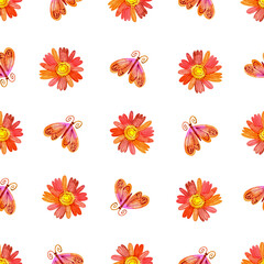 Cute pattern with watercolor stylized flowers and moths. Seamless pattern with bright flowers and moths on a white background..on a black background.