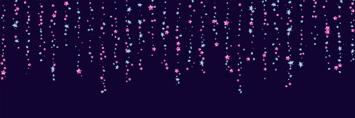 Shooting stars confetti, fireworks. Blue metallic, pink metallic on a dark blue background. Festive background. Abstract texture. Design element. Vector, eps 10.