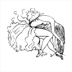 Tired ballerina after the performance. The original version. Doodle. Black and white image. Minimalism. Vector graphics.