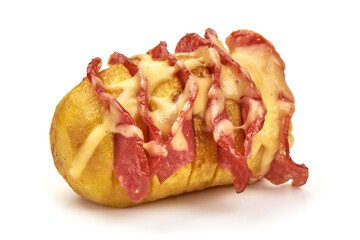 Baked stuffed potatoes with cheese and salami, isolated on white background