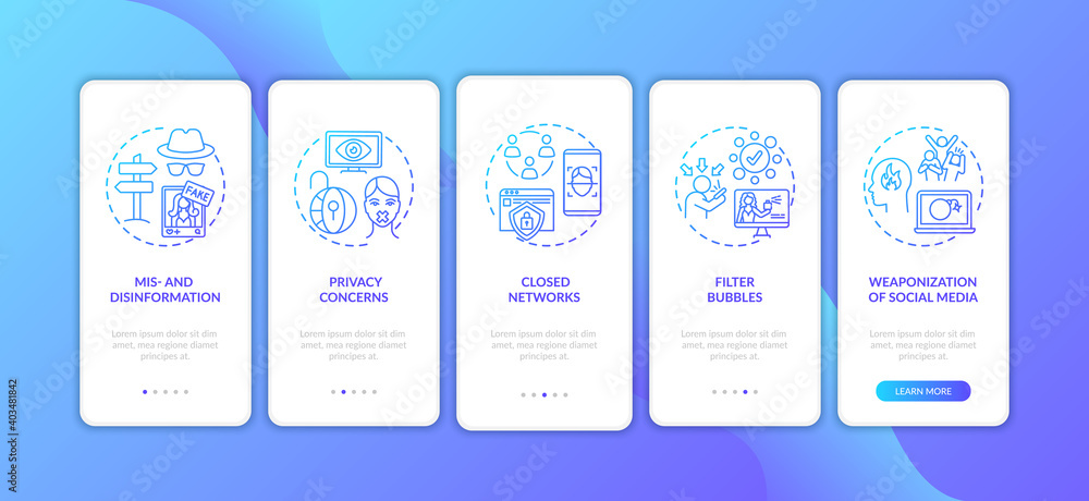 Poster social media, journalism challenge onboarding mobile app page screen with concepts. closed networks,