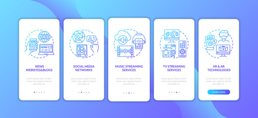 New media variety onboarding mobile app page screen with concepts. News, tv, music streaming walkthrough 5 steps graphic instructions. UI vector template with RGB color illustrations