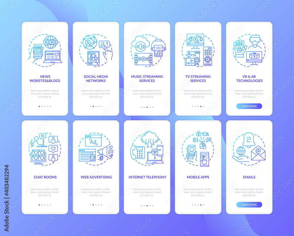 Poster new media kinds onboarding mobile app page screen with concepts set. chatroom, mobile apps, emails w
