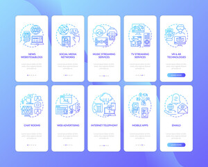 New media kinds onboarding mobile app page screen with concepts set. Chatroom, mobile apps, emails walkthrough 5 steps graphic instructions. UI vector template with RGB color illustrations