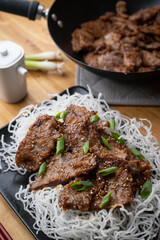 mongolian beef on fried glass noodle