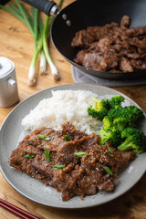 mongolian beef with rice and broccoli