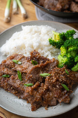 mongolian beef with rice and broccoli