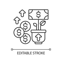 Revenue linear icon. Income and increase in net assets that entity has from its activities. Thin line customizable illustration. Contour symbol. Vector isolated outline drawing. Editable stroke