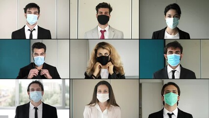 businessmen and businesswomen wearing mask looking at camera - covid 19