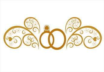 Wedding rings with decorative design. Gold color logo with decorative elements. Template for the design of a festive event, wedding, greeting card and invitation