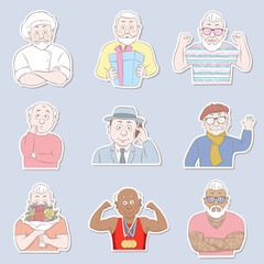 Vector illustration of characters in cartoon style.Set sticker of an elderly man in different poses.