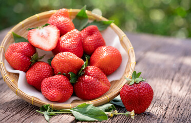 Fresh strawberries in a wooden bowl on blur garden background, Red Strawberries in Bamboo basket.