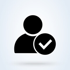 User profile sign web icon with check mark glyph. User authorized vector illustration design item. Straight style design icon. Account verified icon. Signed verified profile symbol. User accepted.