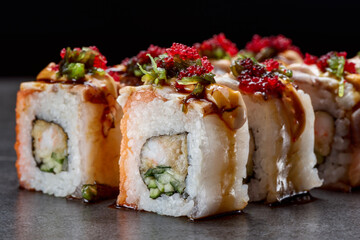 Sushi set roll with eel, Philadelphia cheese, and rice