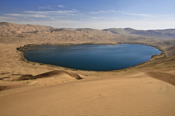 Fototapeta na wymiar Full Nuoertu lake-view from western megadune-Badain Jaran desert. Inner Mongolia-China-1190