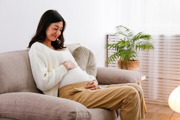 Young beautiful pregnant woman on second trimester of pregnancy sitting on the couch of doctor's...