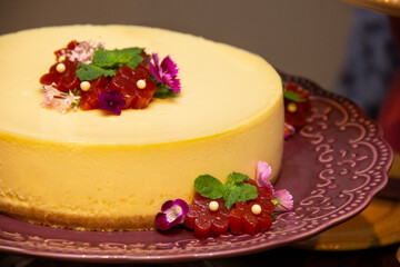 Pudim de Leite - Brazilian fruit tart made with milk and condensed milk, with pieces of guava on top