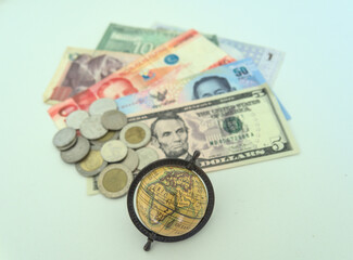 Currency from different countries. Bills and Coins.  Payments around the world. Worldwide economy concept