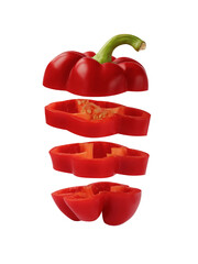 Isolated bell pepper on a white background. Flying slices of sweet pepper. The falling pieces. Cooking. Element for the design. The concept of healthy food.