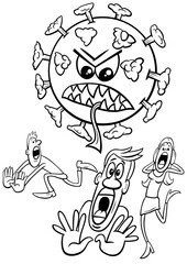 coronavirus and people in panic black and white cartoon