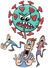 coronavirus and people run away in panic cartoon illustration