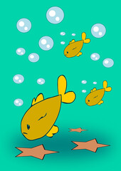 Three fish swimming in green water, with many bubbles, and looking angry.
