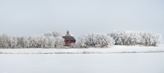 An old red bard surrounded by frost covered tress in a winter landscape