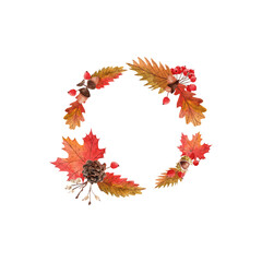 Watercolor autumn frame. Autumn contrast red and orange theme with maple and oak leaves and berries. Autumn, an illustration for postcards, posters, textile design and other souvenirs.