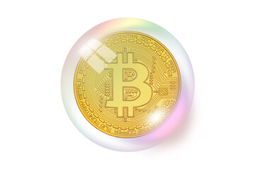 Concept of Bitcoin bubble and speculation. Isolated on white background. Crypto asset for the futuristic virtual gold. Bearish Bitcoin currency value and financial bubble. 3D illustration