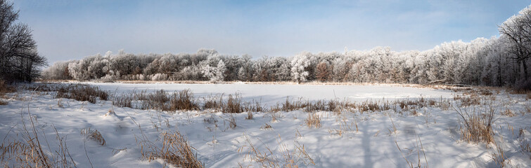 Frost covered trees surround a frozen pond on a sunny winters day