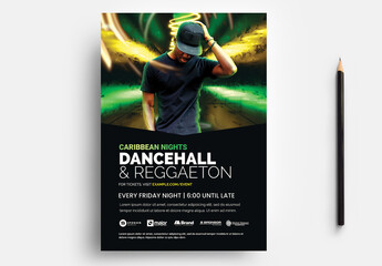 DJ Nightclub Flyer with Abstract Jamaican Flag Colors & Caribbean theme