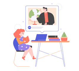 School-age girl at distance learning. Home schooling. The child listens to the teacher's lecture via video. Online lesson from laptop. Vector flat illustration.