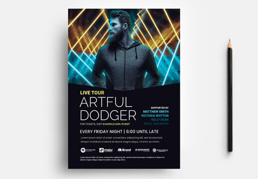 DJ Party Flyer for Nightclub Events with Blue Orange Neon Background