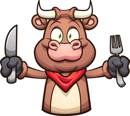 Cartoon  bull with extended arms holding a knife and a fork. Vector clip art illustration with simple gradients. All on a single layer.