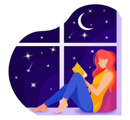 Woman seating on the windowsill and reading a book. Night sky with moon and stars background. Reading, studying concept. Isolated vector illustration in cartoon style.