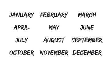 Handwritten names of months: December, January, February, March, April, May, June, July, August, September, October, November. Calligraphy words for calendars and organizers.