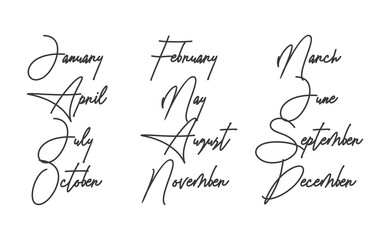 Handwritten names of months: December, January, February, March, April, May, June, July, August, September, October, November. Calligraphy words for calendars and organizers.