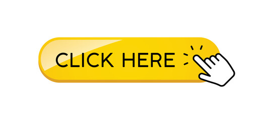 Click here button with hand clicking icon. 3d shiny style vector.