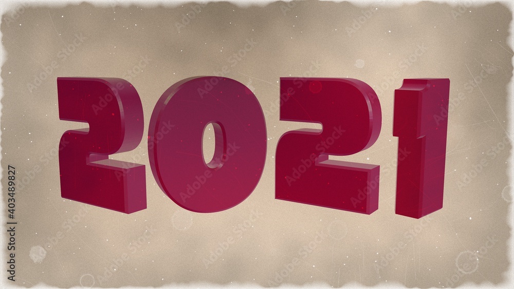 Poster 3d illustration red text with the number 2021 and embossed in black, with a background with a bokeh 