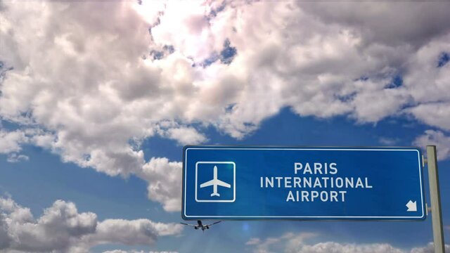 Jet plane landing in Paris CDG, France. City arrival with airport direction sign. Travel, business, tourism and transport concept.