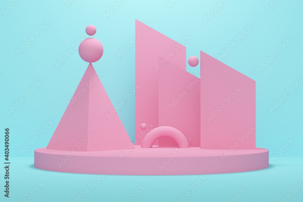 Poster abstract blue background with pink shapes composition. 3d rendering