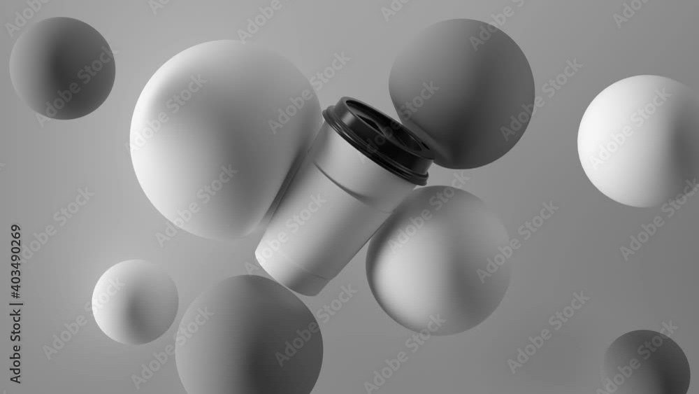 Aufkleber abstract 3d render with coffee cup and spheres. simple composition with light and shadow. monochrome