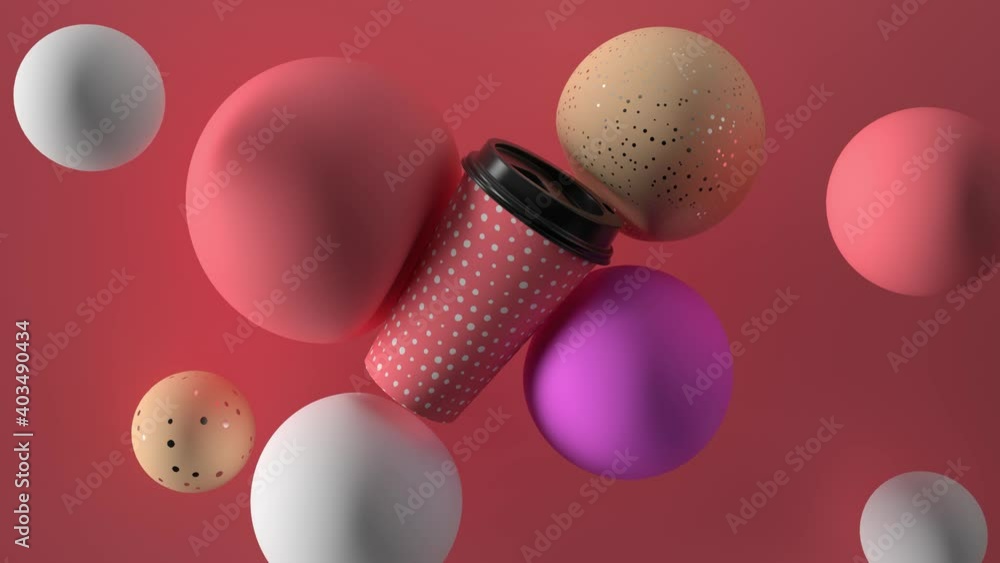 Poster abstract 3d render with coffee cup and spheres. simple composition with light and shadow. colorful g