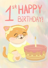 Greeting card with illustration cat for kids