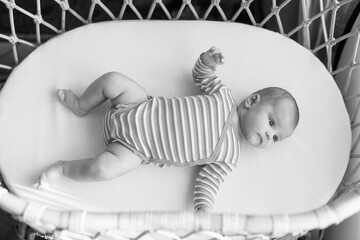 Black and white photo. Adorable newborn baby is resting in bed. Family morning at home.
