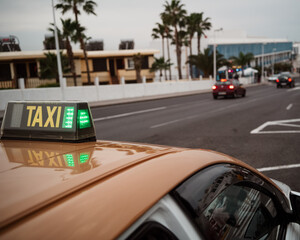 Puerto del Carmen, Lanzarote, Spain - Febuary 2016: Sign with TAXI that indicate green for available - obrazy, fototapety, plakaty