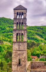 Bell tower of medieval Catholic church in city of Jajce in Bosnia and Herzegovina.