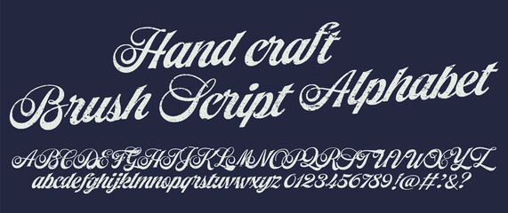 Vintage brush script lettering font, handwritten calligraphic alphabet. Textured unique brush in alphabet style.