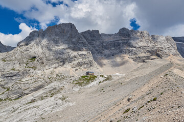 Mountain base Adameckhutte in Dachstein mountains in Austrian Alps. 